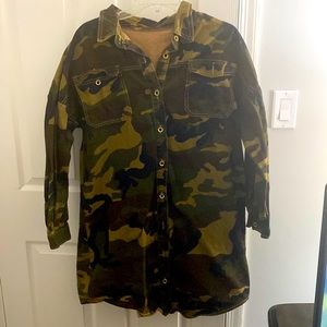 Plus Flap Pocket Button Front Camo Denim Coat